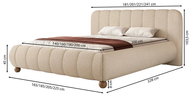 Polsterbett 140x200 cm Malunna mit Stauraum, Metallrahmen, hellbeige-grauer Chenille-Stoff, pflegeleicht, kugelförmige Beine aus lackiertem Buchenholz
