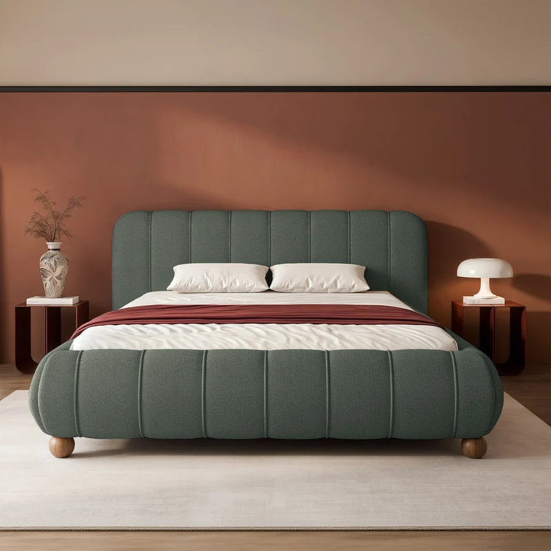 Polsterbett 180x200 cm Malunna mit Stauraum, Metallrahmen, salbeigrüner Chenille-Stoff, pflegeleicht, kugelförmige Beine aus lackiertem Buchenholz