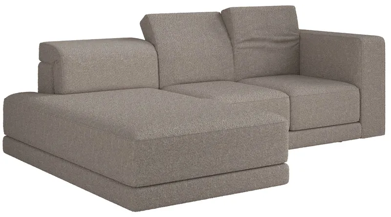 Ecksofa Novals, L-förmig, linksseitig mit verstellbaren Kopfstützen, grau-beiges Bouclé