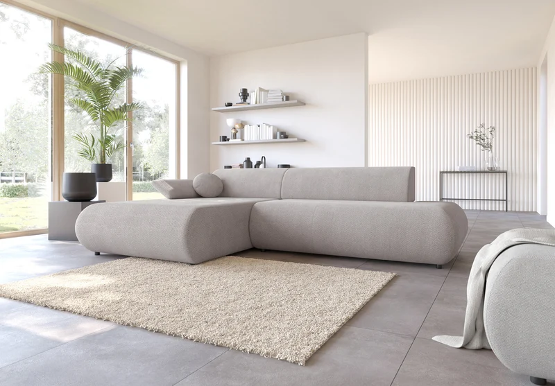Ecksofa mit Schlaffunktion Armone, L-förmig, linksseitig, hellgrauer Chenille-Stoff
