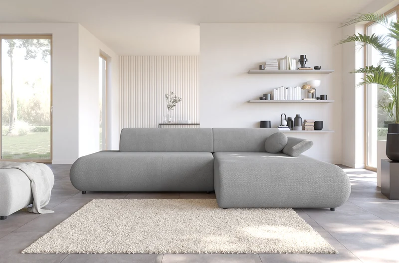 Ecksofa mit Schlaffunktion Armone, L-förmig, rechtsseitig, grauer Chenille-Stoff