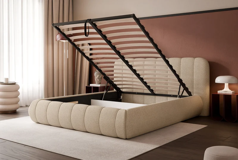 Polsterbett 160x200 cm Malunna mit Stauraum, Metallrahmen, beige Chenille, pflegeleicht