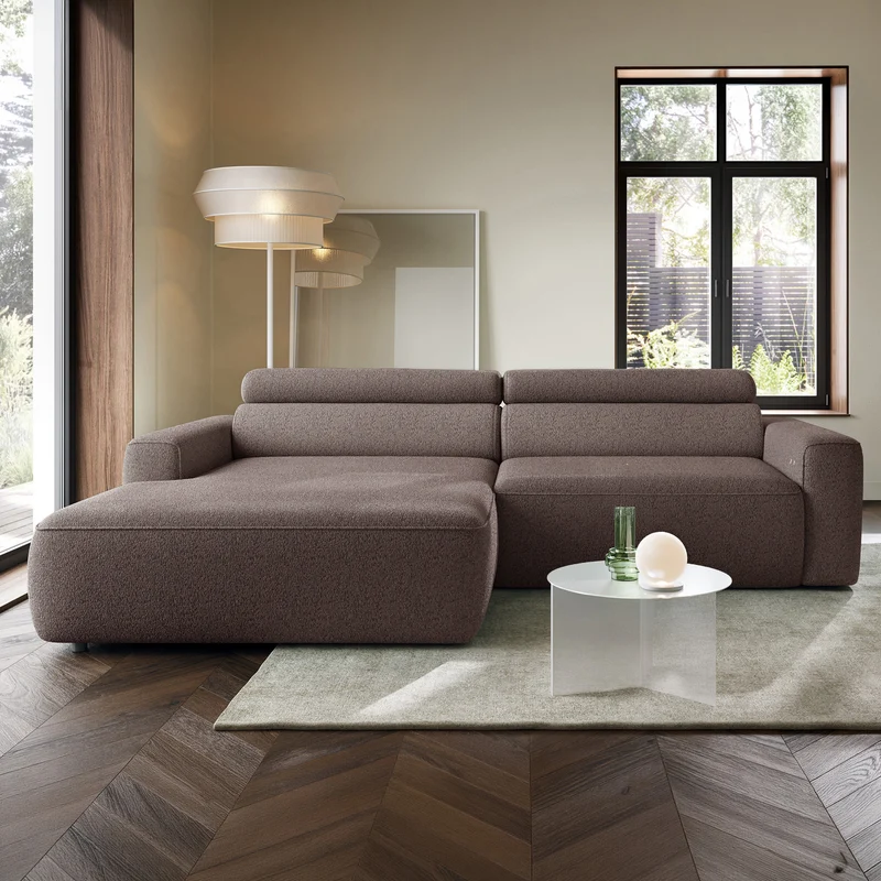 Ecksofa mit elektrischem Auszug Fando, L-förmig, linksseitig, hellbraunes Geflecht