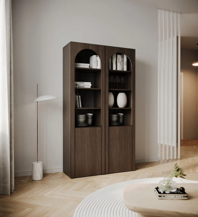 Zweiflügeliger Schrank Arkadia mit gefrästen und gläsernen Fronten, 100 cm, Eiche Dunin