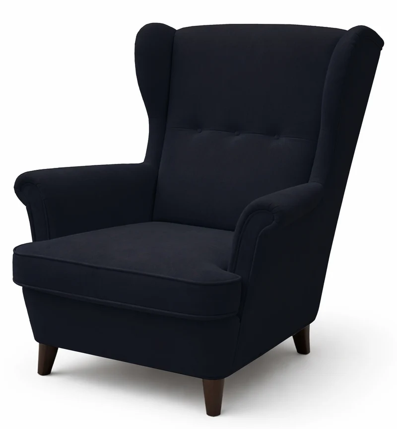 Ohrensessel Malmello mit Fußhocker, marineblauer, leicht zu reinigender Samt, schwarze Beine