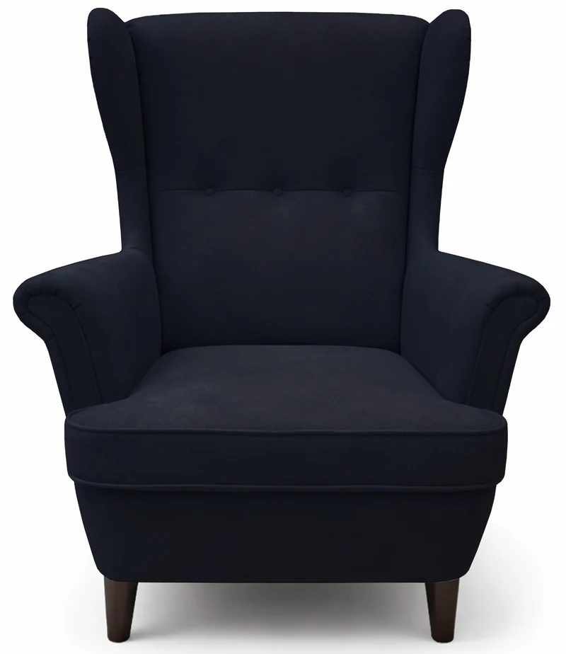 Ohrensessel Malmello mit Fußhocker, marineblauer, leicht zu reinigender Samt, schwarze Beine