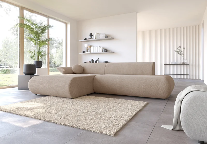 Ecksofa mit Schlaffunktion Armone, L-förmig, linksseitig, beige Chenille
