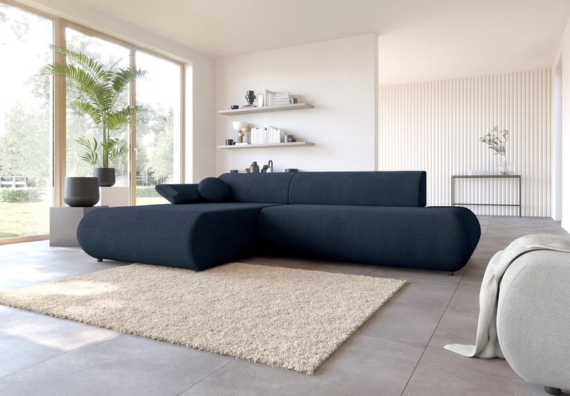 Ecksofa mit Schlafunktion Armone, L-förmig, linksseitig, marineblauer Chenille-Bezug