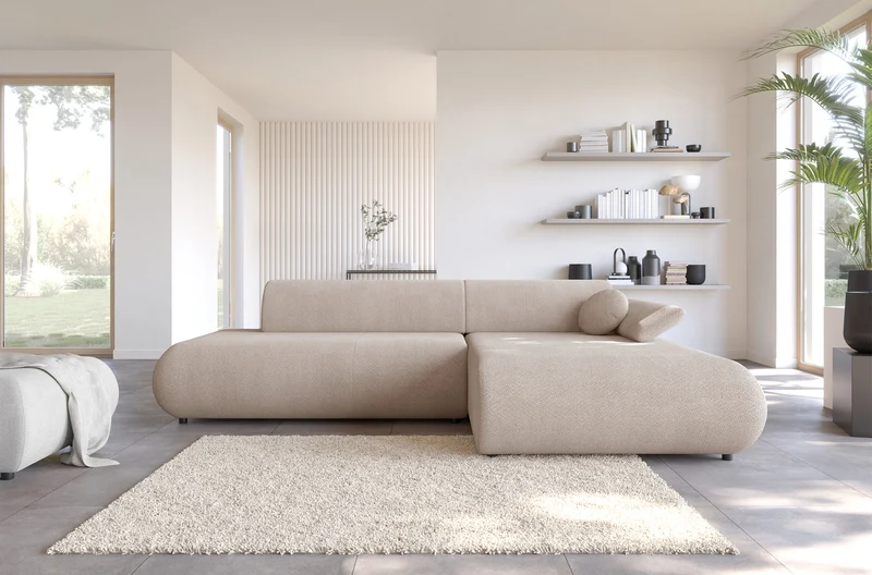 Ecksofa mit Schlaffunktion Armone, L-förmig, rechtsseitig, hellbeige Chenille