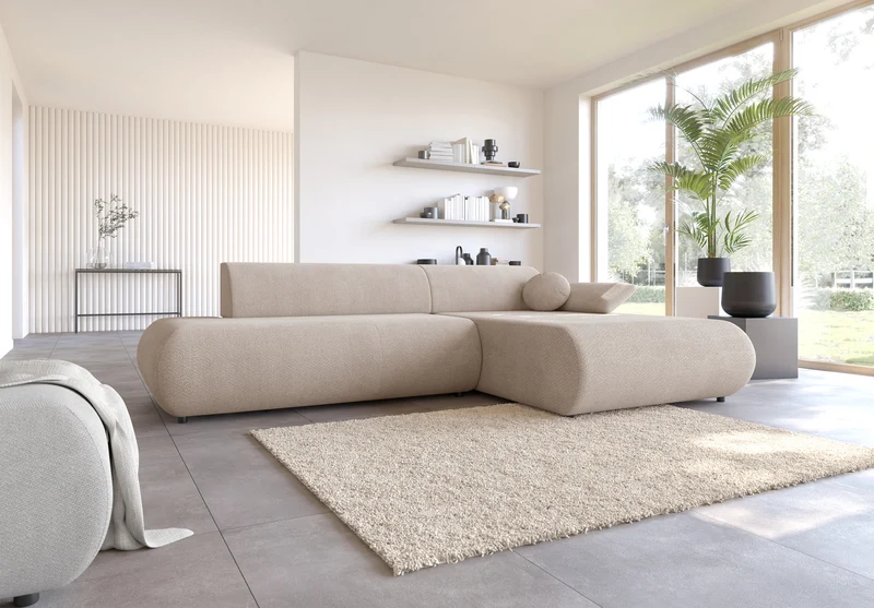 Ecksofa mit Schlaffunktion Armone, L-förmig, rechtsseitig, hellbeige Chenille