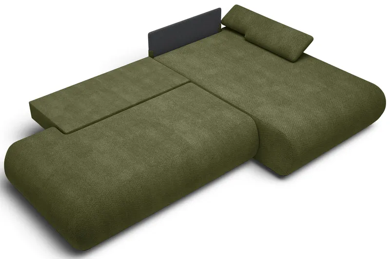 Ecksofa mit Schlaffunktion Armone, L-förmig, rechtsseitig, olivgrüner Chenille-Stoff