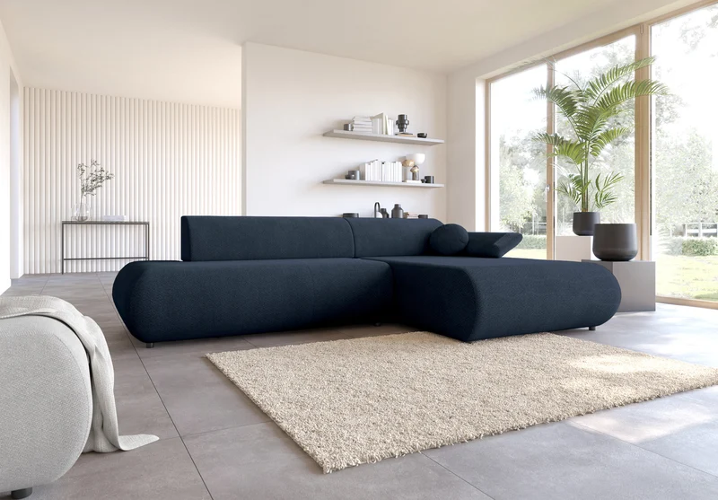 Ecksofa mit Schlafunktion Armone, L-förmig, rechtsseitig, marineblauer Chenille-Stoff
