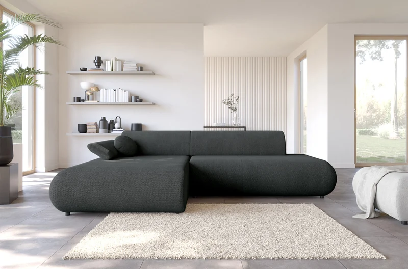 Ecksofa mit Schlaffunktion Armone, L-förmig, linksseitig, grafitfarbener Chenille-Stoff