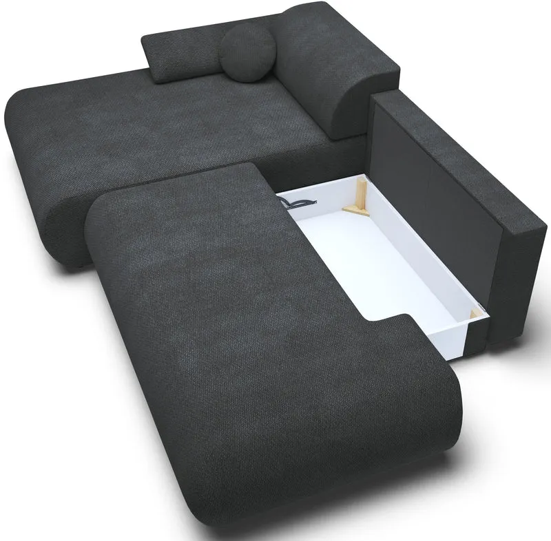 Ecksofa mit Schlaffunktion Armone, L-förmig, linksseitig, grafitfarbener Chenille-Stoff