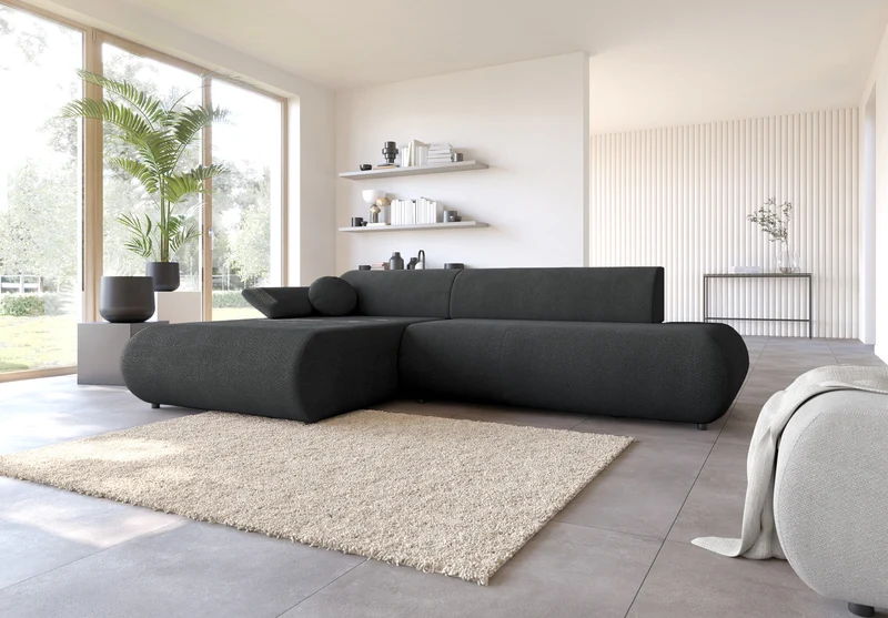 Ecksofa mit Schlaffunktion Armone, L-förmig, linksseitig, grafitfarbener Chenille-Stoff