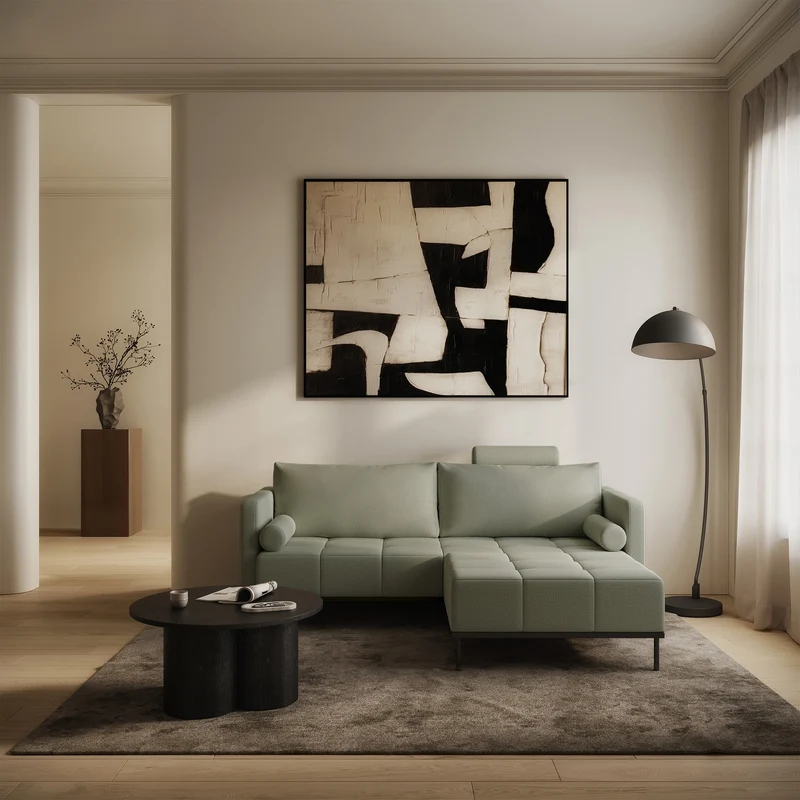 Dreisitziges ausklappbares Sofa Skilia mit Hocker, salbeigrüner, pflegeleichter Strickstoff