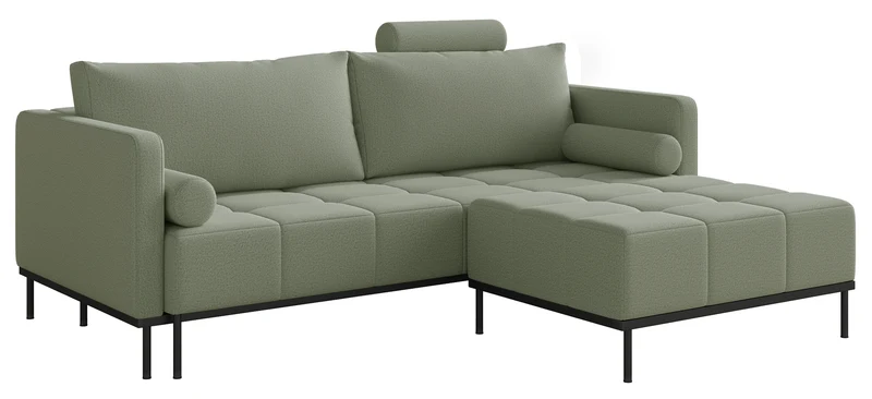 Dreisitziges ausklappbares Sofa Skilia mit Hocker, salbeigrüner, pflegeleichter Strickstoff