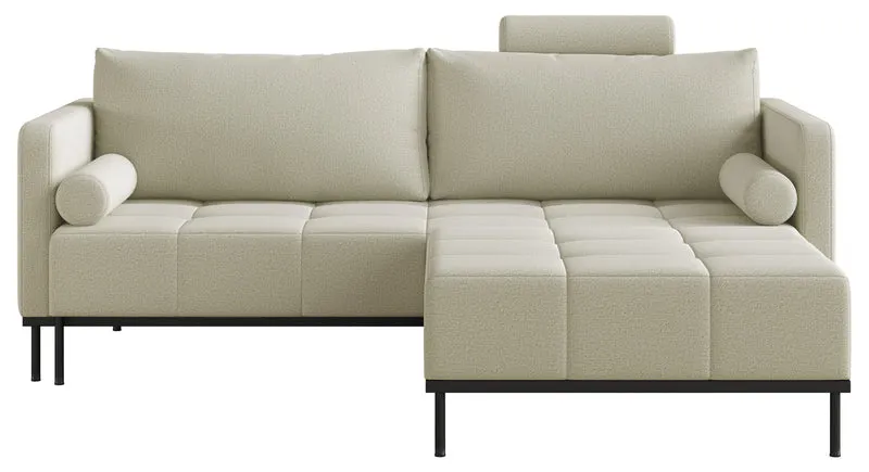 Dreisitziges ausklappbares Sofa Skilia mit Hocker, hellbeiger, leicht zu reinigender Strickstoff