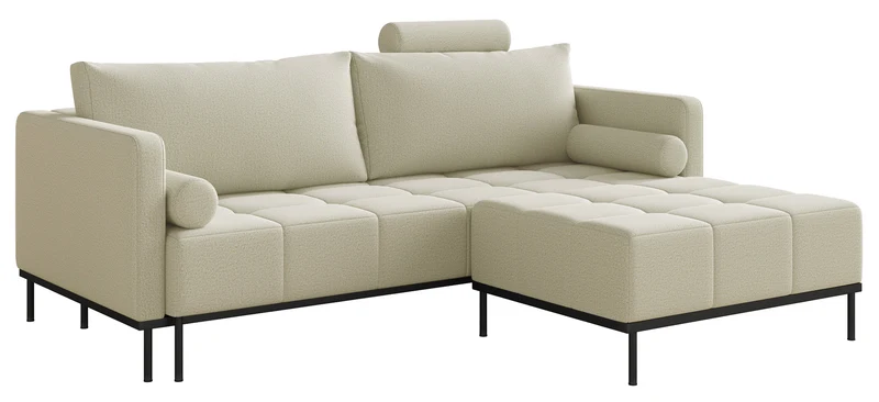 Dreisitziges ausklappbares Sofa Skilia mit Hocker, hellbeiger, leicht zu reinigender Strickstoff