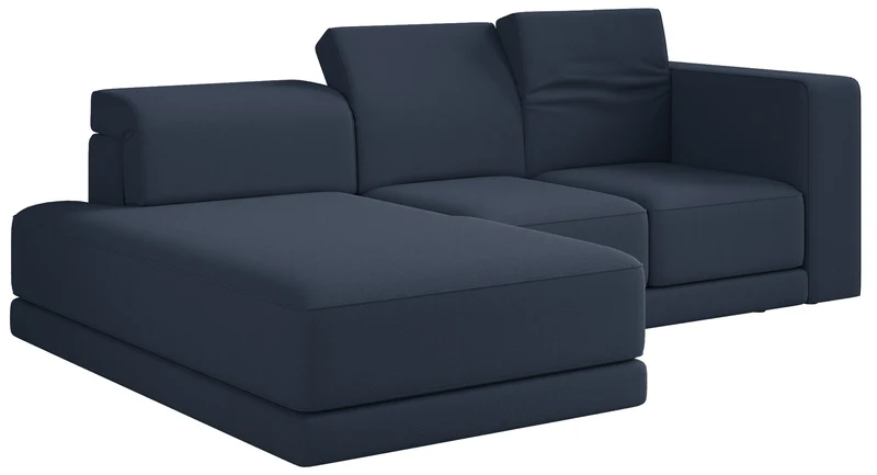 Ecksofa Novals L-förmig links mit verstellbaren Kopfstützen, marineblauer Chenillestoff