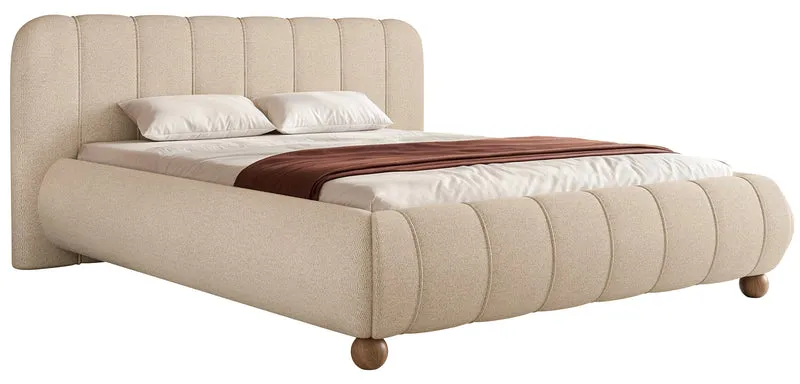 Polsterbett 200x200 cm Malunna mit Stauraum, Metallrahmen, beiger leicht zu reinigender Chenille-Stoff, kugelförmige Beine aus lackiertem Buchenholz