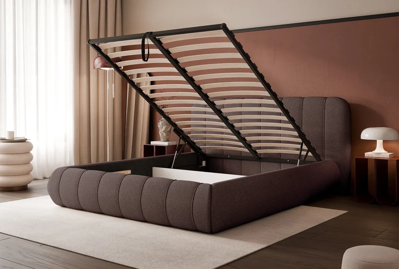 Polsterbett 180x200 cm Malunna mit Stauraum, Metallrahmen, brauner, pflegeleichter Chenille-Stoff