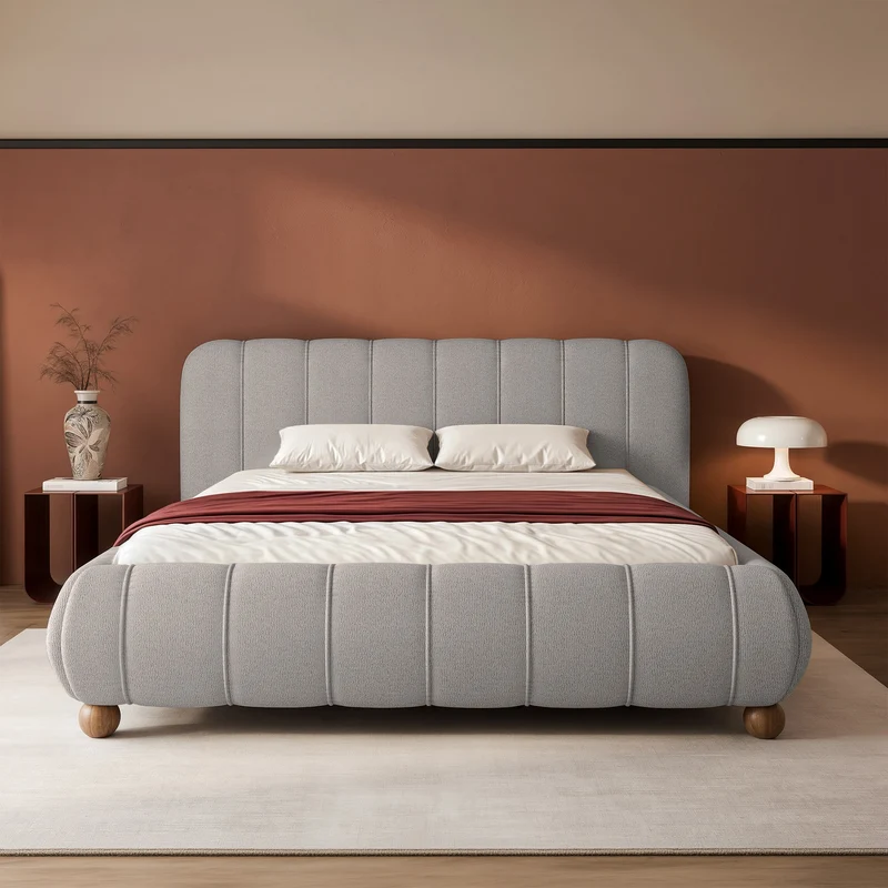 Gepolstertes Bett 160x200 cm Malunna mit Stauraum, Metallrahmen, grauer, leicht zu reinigender Chenille, kugelförmige Beine aus lackiertem Buchenholz