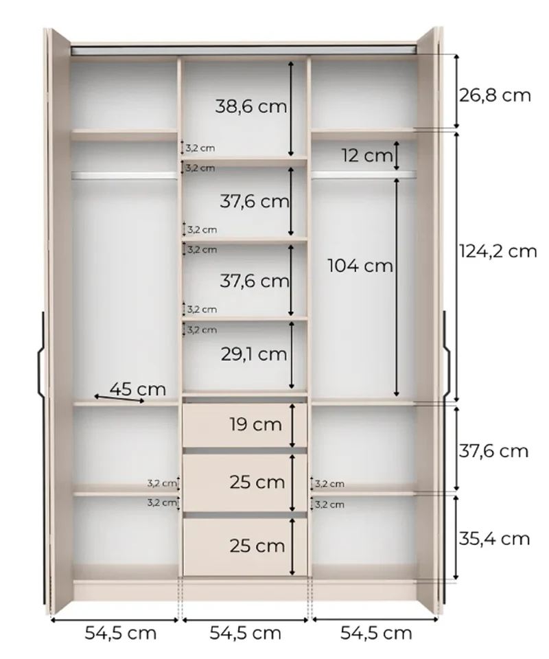 Zweittüriger Schrank Bari mit drei Schubladen, 170 cm, Walnuss Warmia