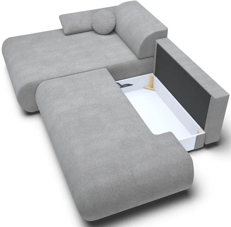 Ecksofa mit Schlaffunktion Armone, L-förmig, linksseitig, grauer Chenille-Stoff
