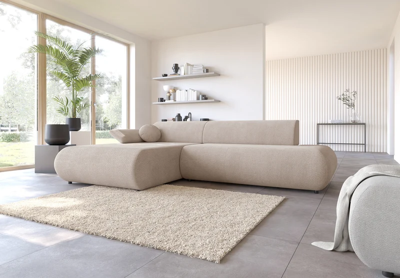 Ecksofa mit Schlaffunktion Armone, L-förmig, linksseitig, hellbeige Chenille