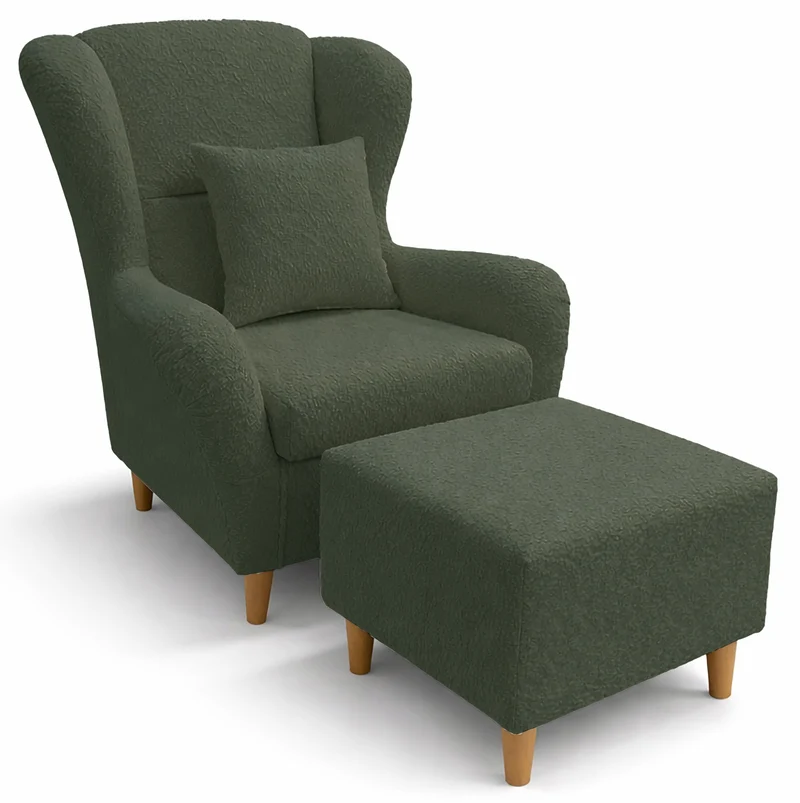 Ohrensessel Teddlo mit Fußhocker, grüner Chenille, Buchenbeine