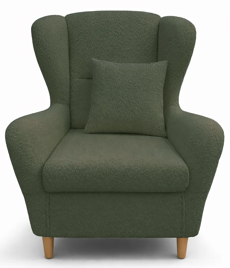 Ohrensessel Teddlo mit Fußhocker, grüner Chenille, Buchenbeine