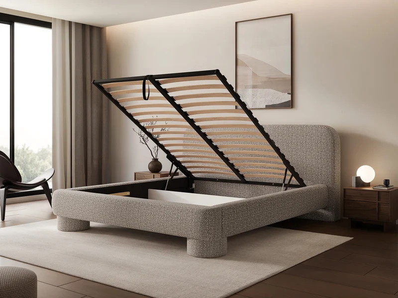 Polsterbett 140x200 cm Fredo mit Stauraum, grau-beige Chenille