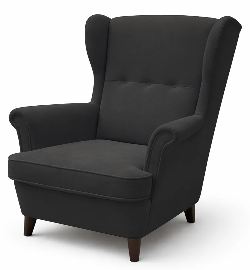 Ohrensessel Malmello mit Fußhocker, anthrazitfarbener Velours, pflegeleicht, schwarze Beine