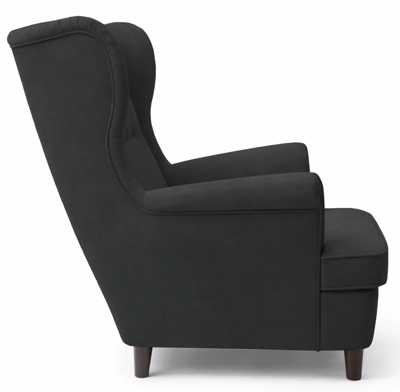 Ohrensessel Malmello mit Fußhocker, anthrazitfarbener Velours, pflegeleicht, schwarze Beine