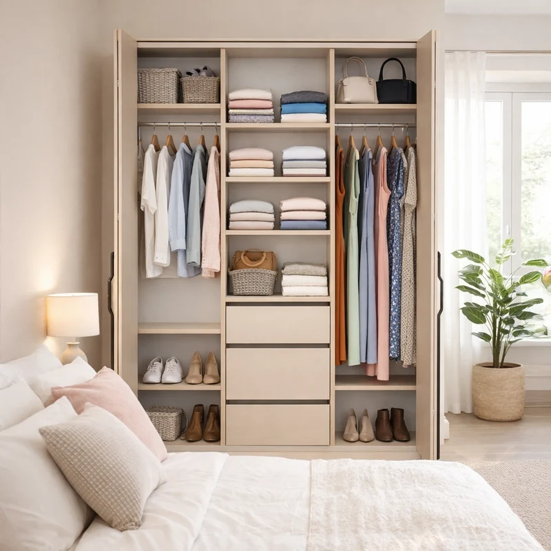 Zweiflügeliger Schrank Bari mit drei Schubladen, 170 cm, Kaschmirfarben