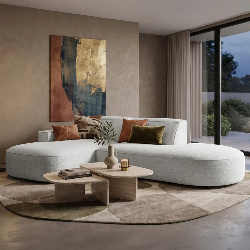 Modulares Ecksofa Sallmo, kleines L-förmiges Modell, linksseitig, hellgrauer hydrophober Chenille-Stoff