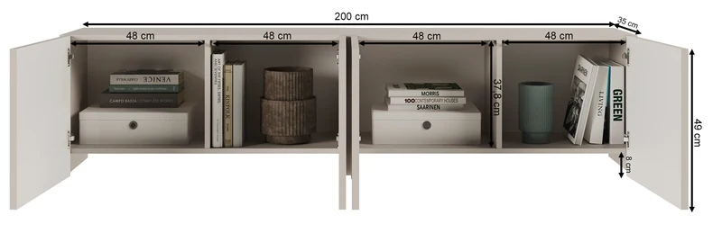 TV-Schrank Arkadia mit vier Türen und gefrästen Fronten, 200 cm, Kaschmir