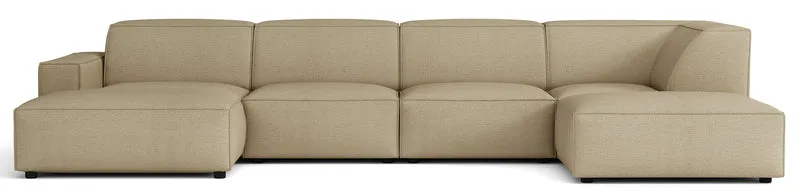 Großes U-förmiges modulares Ecksofa Sellmo mit Pouf, rechtsseitig, dunkelbeige, hydrophobes Chenillegewebe