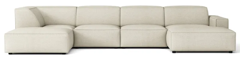 Großes U-förmiges modulares Ecksofa Sellmo mit Hocker, linksseitig, hellbrauner hydrophober Chenille-Stoff