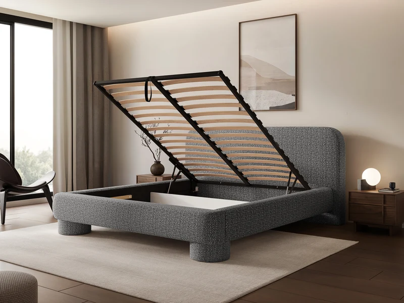 Gepolstertes Bett 160x200 cm Fredo mit Stauraum, dunkelgrauer Chenille-Stoff