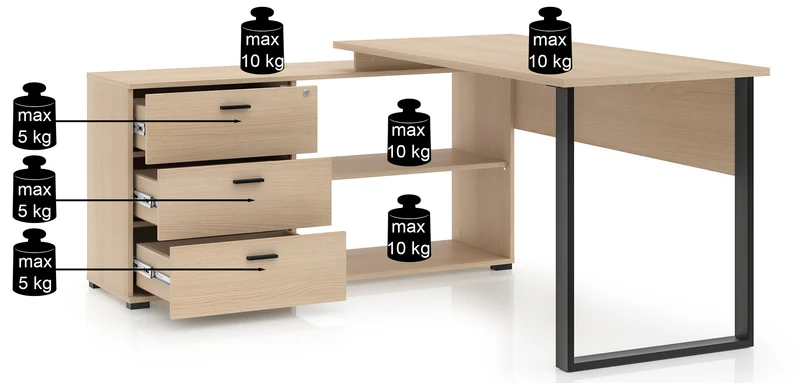 Eckschreibtisch mit Schrank Odelis mit drei Schubladen 168x138 cm Lindberg-Eiche