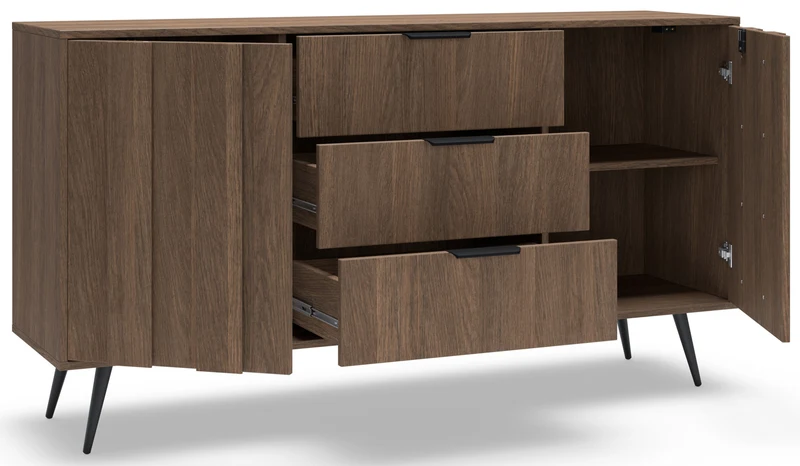 Zweittürige Kommode Amaro mit drei Schubladen und LED-Beleuchtung, 154 cm, Eiche Dunin