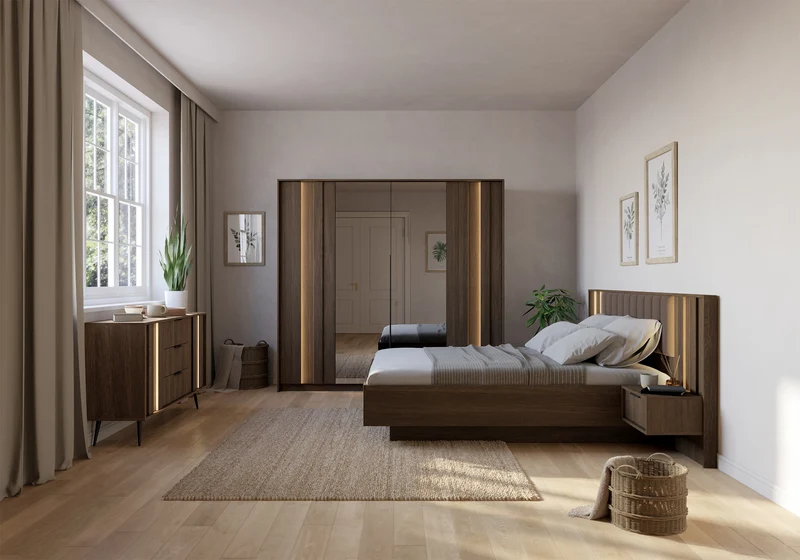 Zweittürige Kommode Amaro mit drei Schubladen und LED-Beleuchtung, 154 cm, Eiche Dunin