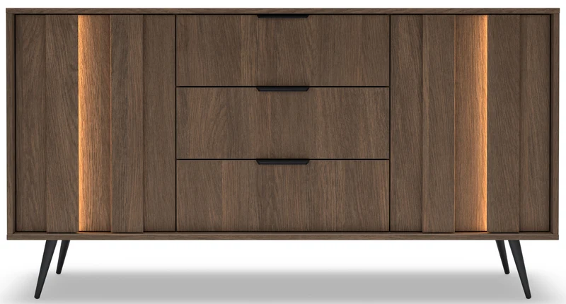 Zweittürige Kommode Amaro mit drei Schubladen und LED-Beleuchtung, 154 cm, Eiche Dunin