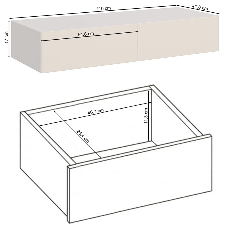 Hängender Schminktisch Olio mit zwei Schubladen, 110 cm, weiß