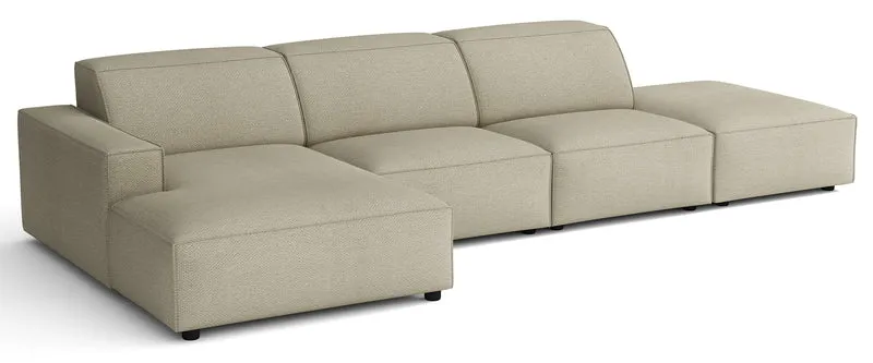Modulares Ecksofa Sellmo, L-förmig, mit Hocker, linksseitig, grau-beige, hydrofober Chenille-Stoff