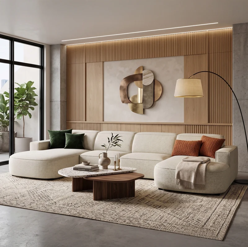 Modulares Ecksofa Sallmo U-förmig universell cremefarben, hydrophober Chenillestoff