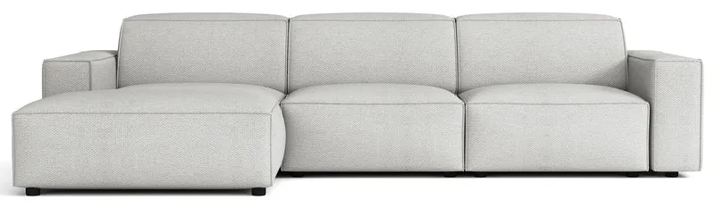 Modulares Ecksofa Sellmo, L-förmig, linksseitig, hellgrauer hydrophober Chenille-Stoff