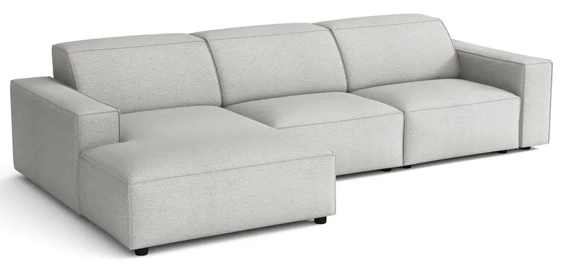 Modulares Ecksofa Sellmo, L-förmig, linksseitig, hellgrauer hydrophober Chenille-Stoff